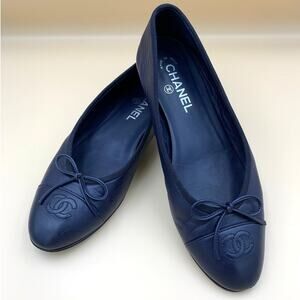Authentic Chanel Lambskin Leather Ballet Flats Size 40 Navy Blue Double CC 9 9.5